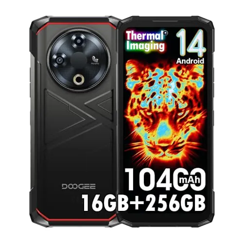 DOOGEENEXT Fire 6 Thermal Móvil Robusto Desbloqueado, 10400mAh 18W, 16GB+256GB/2TB 4G Android 14 Teléfono, 6.56'' HD+ 90Hz, 50MP+8MP Cámara, IP68/IP69K/Face ID/3 Slot/OTG (Negro)