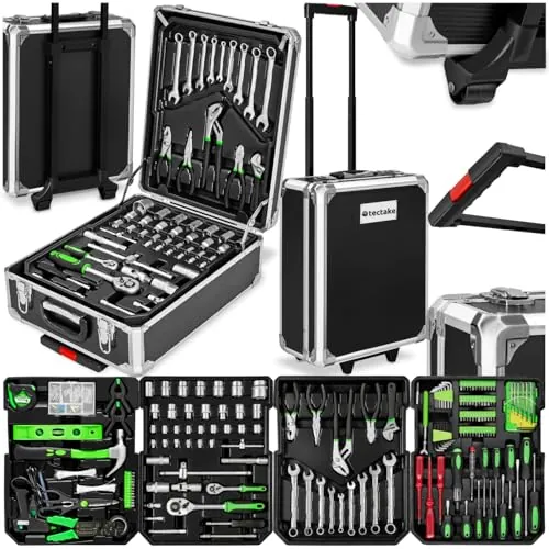 tectake® Maletín Herramientas Profesional con 1200 Piezas, Carro Herramientas con Asa Telescópica, Caja Herramientas Completa con 4 Niveles, Carro de Herramientas Taller Mecánico, Bricolaje - negro