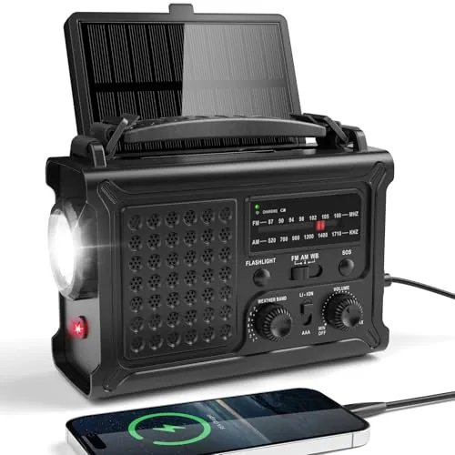 Radio de Emergencia Portátil con Manivela, Am/FM Radio con Panel Solar