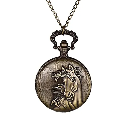 JewelryWe Reloj de Bolsillo de Cuarzo Analógico con Decoración de Caballo en Relieve, Regalo para Día de Aniversario, Cuatro Estaciones