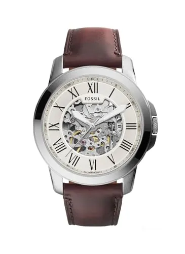 Fossil Reloj para hombre Grant, movimiento automático, caja de acero plateado de 45mm con correa de piel, ME3099