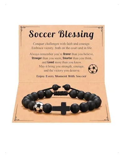 KONFEN Pulsera de Fútbol de Piedra Natural, Con Dije de Metal en Forma de Cruz, Ajustable, Regalos de Joyería para Niños, Regalo de Fútbol para Aficionados, Niños, Adolescentes, C