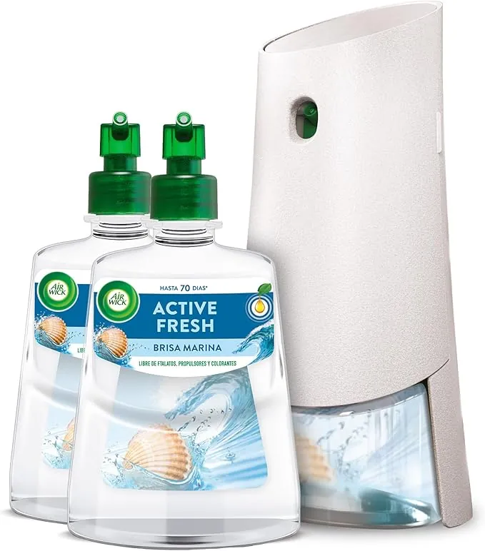 Air Wick Active Fresh Spray Automático Sin Aerosol, Ambientador Hogar Fragancia Brisa Marina, 1 Aparato, 2 Recambios, Neutralizador de Olores, hasta 70 Días de Frescor