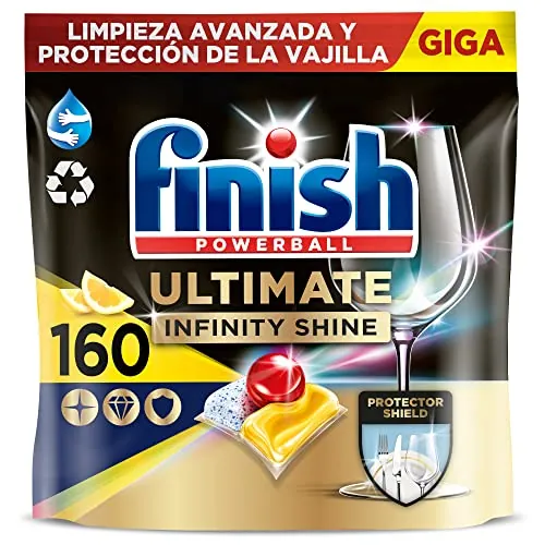 Finish Powerball Ultimate Infinity Shine, pastillas para el lavavajillas con poder quitagrasas y protección del cristal, aroma limón, 2 packs de 80, total 160 Pastillas