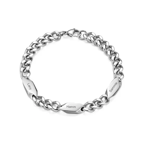 Lam Hub Fong Regalo para el Día del Padre: Pulsera para Hombre con Nombre de Acero inoxidable Regalos Personalizados para Papá Cumpleaños Navidad (plate-3 nombre)