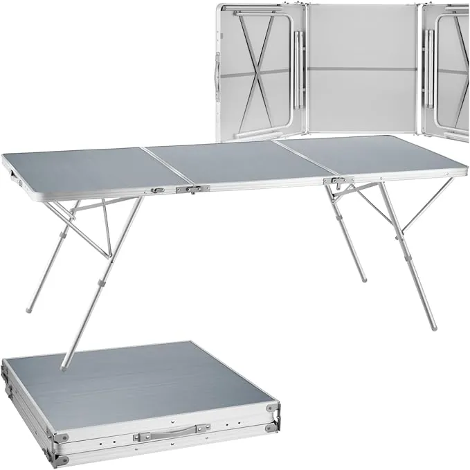 tectake® Mesa Plegable Aluminio, Mesa Camping Plegable con Altura Ajustable, Mesa Jardín Exterior con Asa de Transporte, Resistente a Intemperie, Ideal Acampadas, Jardín, Terraza, Picnic, 180x70x70cm