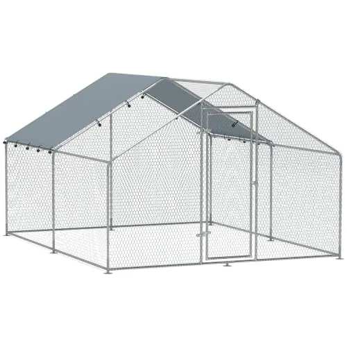 PawHut Gallinero para Exterior Grande 3x3,4x1,9 m 10-15 Gallinas Plata | Acero Galvanizado, Puerta con Doble Cierre, Cubierta Tela Oxford, Anti-UV e Impermeable, Diseño Accesible