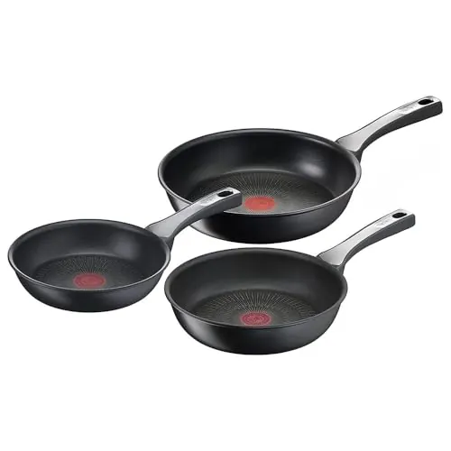 Tefal Unlimited On - Juego de 3 Sartenes 20/24/28 cm, Apto inducción, Antiadherente, Revestimiento titanio, Thermo-signal, Apto lavavajillas y horno, Acero inoxidable