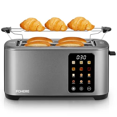 Tostadora, 2 Ranuras largas y anchas, 9 Niveles de dorado Posiciones Tostado, con Control de Pantalla Táctil Soporte para Panecillos y Bandeja Recogemigas,Cancelación/Descongelación/Recalentamiento