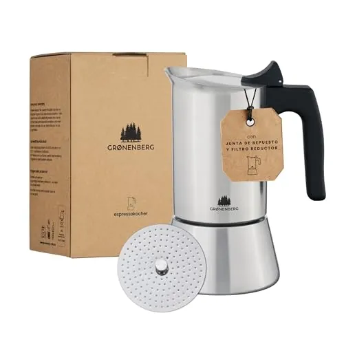 Groenenberg Cafetera Italiana induccion + filtro reductor | Cafetera express 2-4 Tazas (200 ml) | Cafetera italiana (acero inox) con junta de repuesto