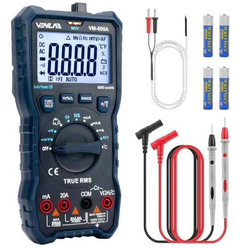 Multímetro digital VENLAB, Polimetro TRMS 6000 cuentas,Voltimetro, Mide Voltaje y Corriente CC/CA, Resistencia, Diodo, Continuidad, Ciclo de trabajo, Capacitancia y Temperatura, VM-600A