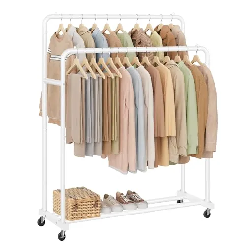 SONGMICS Perchero para Ropa con Ruedas, Burro Ropa Móvil, 2 Ruedas con Freno, para Dormitorio, Carga de 90 kg, 46,5 x 110 x 155,5 cm, Blanco Nube, HSR017WG01