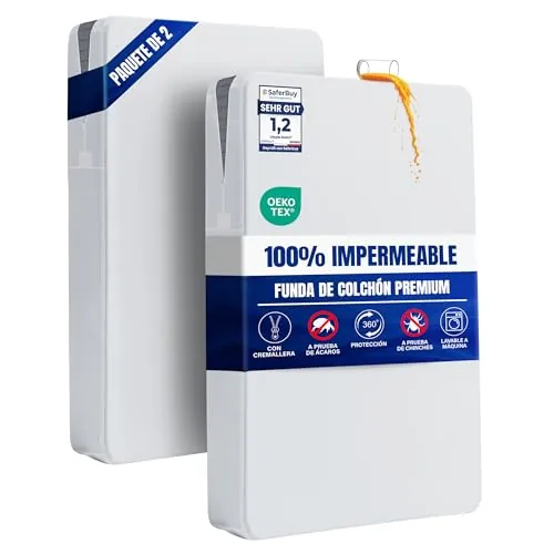 Funda Protector de Colchón Impermeable 90x200x20 cm Cremallera, Pack de 2