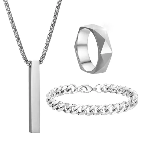 3PCS Collares Colgantes de Barra para Hombre, Collar de Acero Inoxidable Pulseras y Anillo para Hombre Mujer Collar de Cadena de Serpiente y Pulsera de Cadena de Serpiente Set Plata/Negro (Plata)