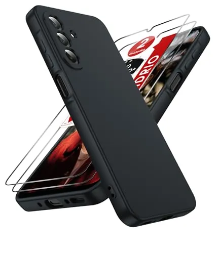 LeYi Silicona Liquida Funda para Samsung Galaxy A26/A 26 4G/5G, Negro | Ultra Slim Carcasa con 2pcs Cristal Templado, Capa Suave Movil Protector Case Forro Microfibra Antiarañazos Cover
