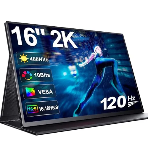 UPERFECT 2K 120Hz 16 Pulgadas Monitor Portátil 2560 * 1600 1200:1 Contraste 400 Nits Display IPS Mini HDMI USB C para PC Laptop Smartphone Xbo Switch PS-4/5, Pantalla Móvil Compatible VESA