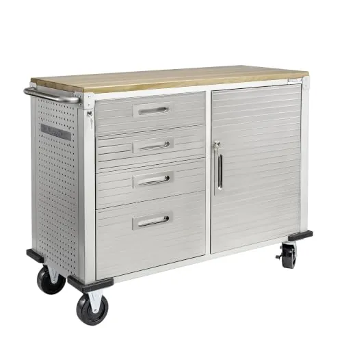 Seville Classics UHD20244 El banco de trabajo con 4 cajones, soporte de metal con revestimiento en polvo, de panel de madera de haya maciza, 121,9 x 50,8 x 95,2 cm, gris