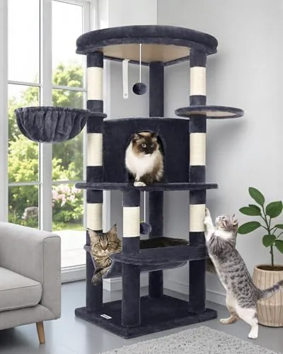 Globlazer Árbol Rascador para Gatos con 90° Sectores Grandes Plataformas Acolchada Nidos Cesta Suave Hamaca, Árbol Rascador Alto 130 cm Estable Adapta Esquina para Gatos Grande (C51, Gris Oscuro)