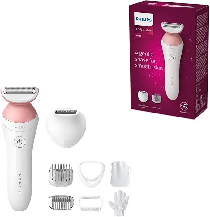 Philips Afeitadora de Mujer Serie 6000, 6 accesorios, Incluye Perfilador Bikini, Guante Exfoliante, Peine Guia y Cepillo de Limpieza, BRP146/00, Blanco