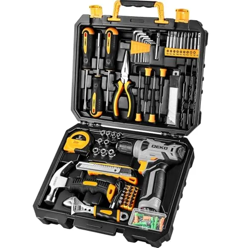 DEKO Caja Herramientas Completa con Destornillador Electrico/Taladro con bateria de 8V, Maletin de 126 Piezas, Caja profesional de herramientas Domésticas de Bricolaje para Oficinas y Jardín, Gris