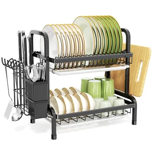 niffgaff Escurridores de Platos con Bandeja de Goteo, Estante Grande de 2 Niveles con Tabla de Drenaje y Cubiertos/Soporte para Tabla de Cortar sobre el Fregadero, Estante para Secadora de Platos