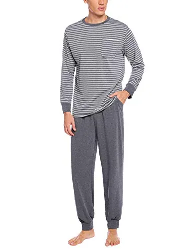 Sykooria Pijama Hombre Algodón Conjunto de Pijama de Manga Larga Ropa de Dormir 2 Piezas Conjunto de Pijama a Rayas y Pantalones Largos con Bolsillos S-3XL(Gris Claro,XL)
