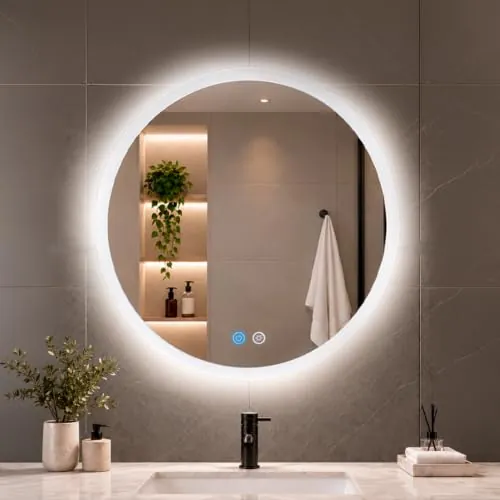 Marctani Espejo Baño Redondo con Luz LED Regulable en 3 Colores - Espejo de Pared ANTIVAHO con Ajuste de Brillo e Interruptor Táctil - Espejo Retroiluminado (70 x 70 CM)