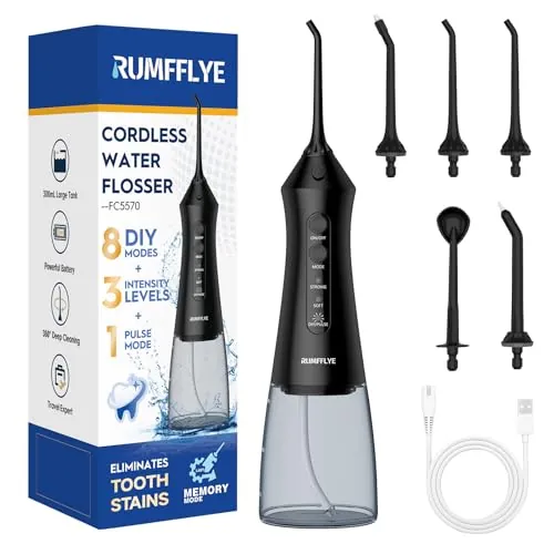 RUMFFLYE Irrigador Dental Portátil Irrigador Bucal Inalámbrico Profesional Water Flosser 12 Modos 5 Boquillas Irrigador eléctrico oral IPX7 Impermeable 300ML USB Recargable Para Casa y de Viaje(Negro)