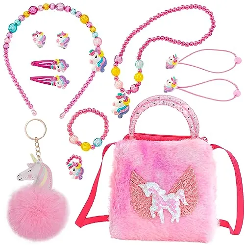 DKDDSSS 12 Piezas Set Bolso y Joyería de Unicornio, Unicornio Bolso Bandolera, Unicorn Pulsera Collar Anillo Aretes Conjunto de Accesorios Pelo, Juego Joyas para Regalo de Fiesta de Cumpleaños