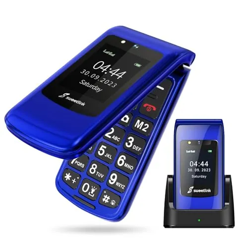 SweetLink F2 Plus Teléfono Móvil para Personas Mayores, con Tapa de Teclas Grandes y Volumen Alto, Botón SOS, Contactos con Imágenes, Base de Carga USB-C, Doble SIM, Pantalla 2,4", FM Radio, Azul