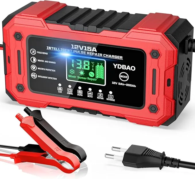 YDBAO 12V 15A Cargador de Batería de Coche Cargador Baterias Coche y Moto Inteligente con Reparación y Pantalla LCD y Múltiples Protecciones Cargador bateria para Coche Moto AGM SLA Gel LiFePO4