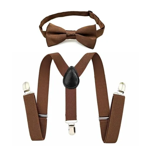 JZK Marrón café conjunto pajarita y tirantes para niños de menos 135cm, forma Y con clip ajustables tirantes con pajarita para bodas, fiestas y disfraces