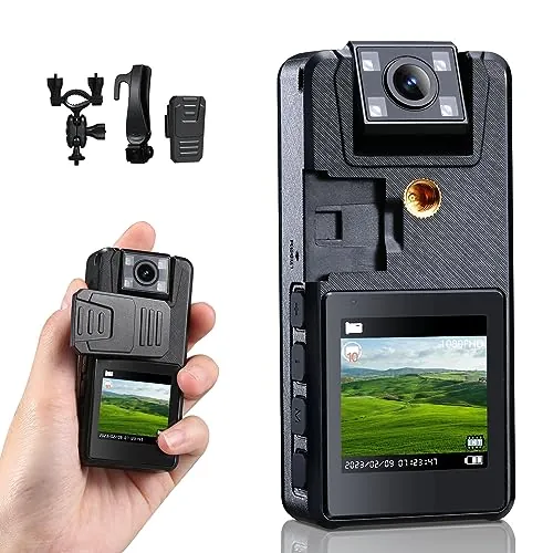 Hoestr 64GB Cámara Corporal con Audio, 1296P Policía Body CAM (2500mAh) con 180° Lente Giratoria y 3 Clips Resistentes, Cámara Corporal para Entrega Ciclismo Interior