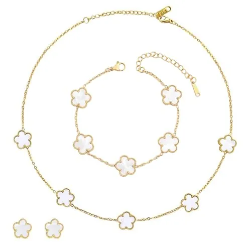 ZhouWei 4 Piezas Conjunto de Joyas Trébol Cuatro Hojas, Conjunto Collar y Pendientes Pulsera de Trébol 4 Hojas Doble Cara Tréboles de Cuatro Bisuteria pulsera Mujer, Regalo para Novia Madre (Blanco)