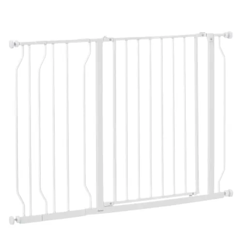 PawHut Barrera de Seguridad para Perros Extensible 75-115 cm para Puertas y Escaleras Puerta de Seguridad para Mascotas con Extensiones Montaje a Presión y Doble Bloqueo Blanco