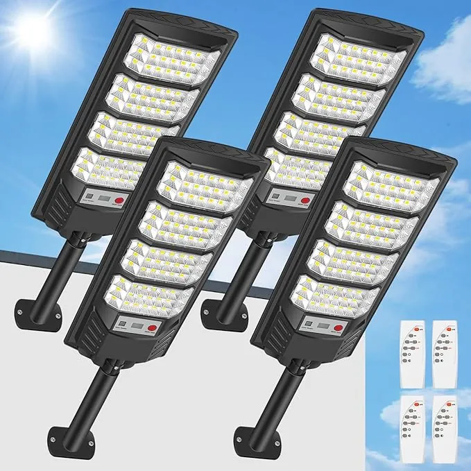 Farolas Solares Exterior, 600W Potente Focos LED Solar con Mando a Distancia, Sensor de Movimiento, IP66 Impermeable 6500K Luz Solar Exterior Lampara Solar Jardín para Garage Patio (4 Pack)