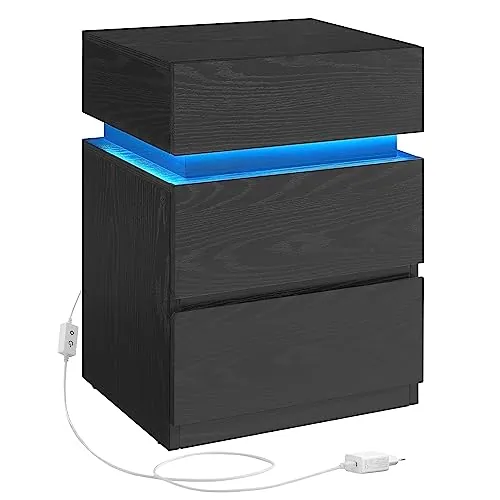 VASAGLE Mesita de Noche con Tira de Luz LED, 3 Cajones