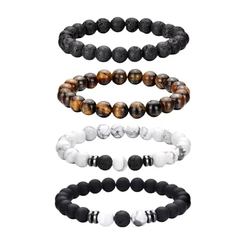 jatimdotin Pulsera de Piedras Naturales 8MM para Hombre - 4 Pulseras Ajustables de Cuentas y Piedra de Lava - Regalos para Padre Novio Hermano