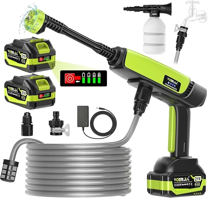 Hidrolimpiadora de Alta Presión a Batería 1000 PSI, Pistola de Agua Inalámbrica con 2 Baterías 4.0Ah (LED), Boquilla 6 en 1 para Lavado de Coche, Fachadas y Riego de Jardín