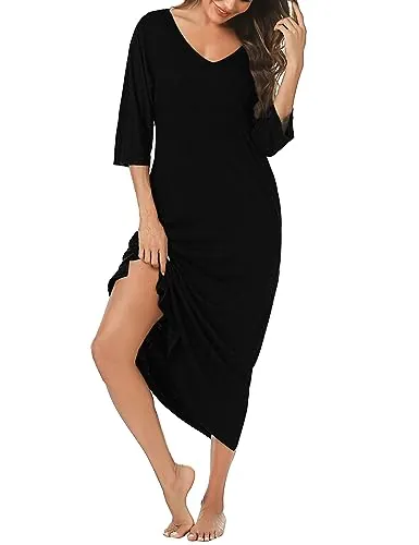 Uniexcosm Camisón Mujer Algodón Largo Con Cuello en V, Bolsillos y Manga 3/4 - Vestido Para Dormir - Color: Negro, Talla: L