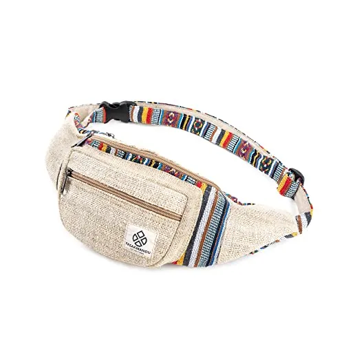 Freakmandu Collections Riñonera de cáñamo boho cruzada (Beatnik) | Hecha A Mano En Nepal, Correa Ajustable 72 Cm, 20 x 11 x 13 Cm, Varios Bolsillos Con Cremallera, Unisex, Bandolera