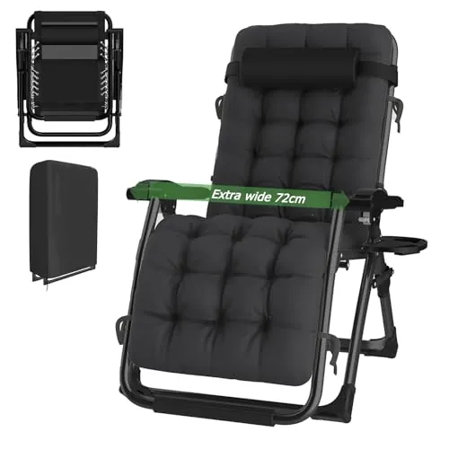 HAIORJUN Silla Tumbona Plegable Negro Gravedad Cero 72 cm Ancha Tumbonas Jardin Exterior con Almohada Cervical Desmontable, Cojín y Funda Tumbona, Ideal para Terraza, Jardín, Playa