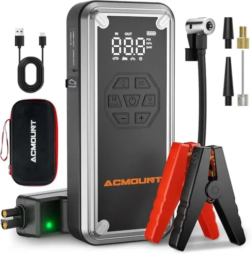 Acmount Arrancador de Baterias de Coche, 7000A 21800mAh Arrancador de Coches Compresor de Aire 150 PSI, Booster Bateria 12V (para All Gas o 12L Diesel) con Pantalla LCD, Linterna LED de 800 Lúmenes