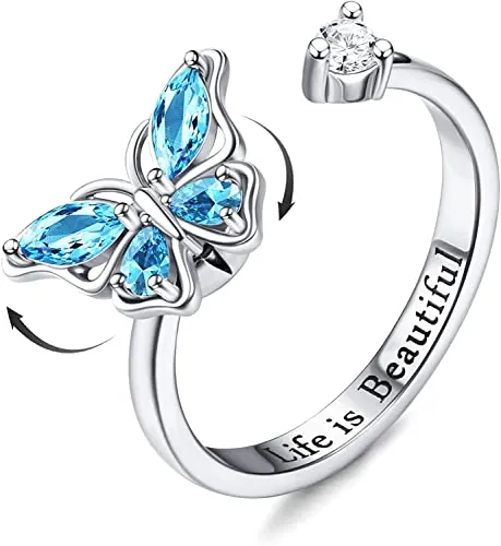 MILACOLATO Anillo Antiestres Giratorio Para Mujer Niñas Plata 925 Abierto Ajustable CZ Girasol Sol Flor Mariposa Luna Estrella Rosa Anillo Ansiedad Fidget Ring Anxiety Ring Joyería Regalo Mariposa