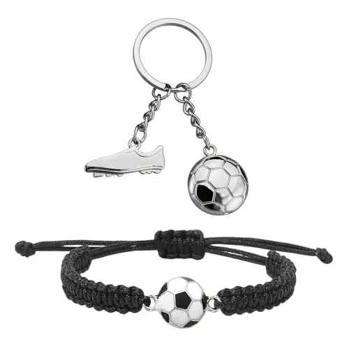 Set Pulsera de Fútbol Trenzada + Llavero de Botín de Fútbol Metálico, Regalo de Fútbol para Niños y Aficionados para Fiestas Deportivas