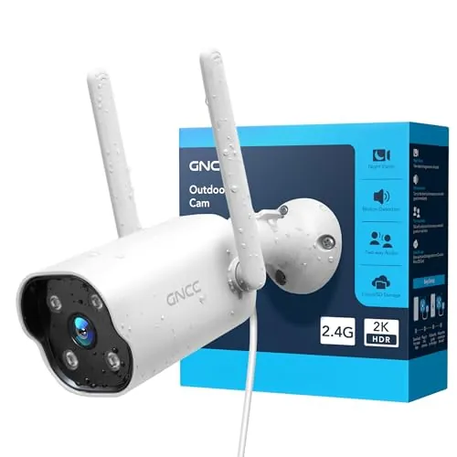 GNCC 2K Cámara Vigilancia WiFi Exterior Fija, Solo WiFi a 2,4 GHz, IP65, Detección e Movimiento, Sirena, Audio Bidireccional, Cable de 3m, Se Requiere Suscripción a la Nube, Enchufe