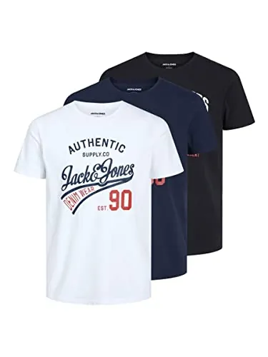 Jack & Jones JJETHAN tee SS Crew Neck 3PK MP Noos - Camiseta para Hombre, Color Negro, Blanco y Azul Marino, Talla L, Negro/Paquete: Negro, Blanco y Azul Marino, L