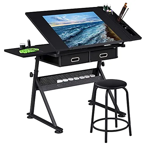 Yaheetech Mesa de Dibujo Inclinable 0-60° con Banco Ajustable Negro
