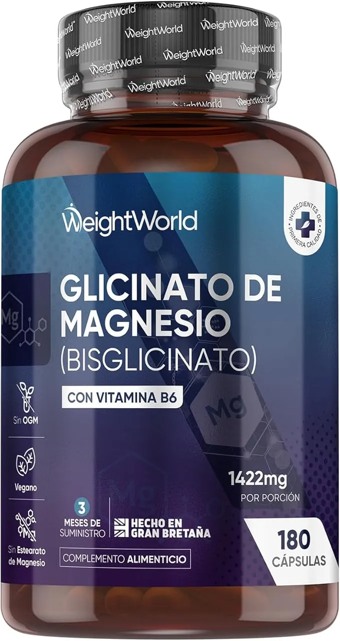 Glicinato de Magnesio 1422mg con Vitamina B6-180 Cápsulas Veganas que Aportan 200mg de Magnesio Puro - 3 Meses de Suministro, Sin OGM, Sin Gluten y Sin Lactosa