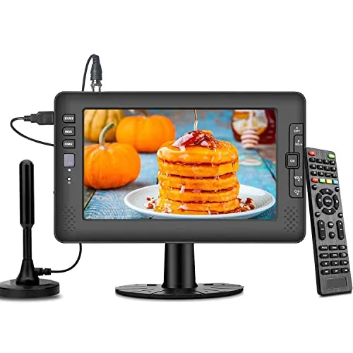 Jexiop - Televisor portátil con visualización IPS de 9 Pulgadas con sintonizador ATSC Digital, Puerto USB, Entrada AV, batería Recargable incorporada, Mini TV para Camping, Caravana, Cocina